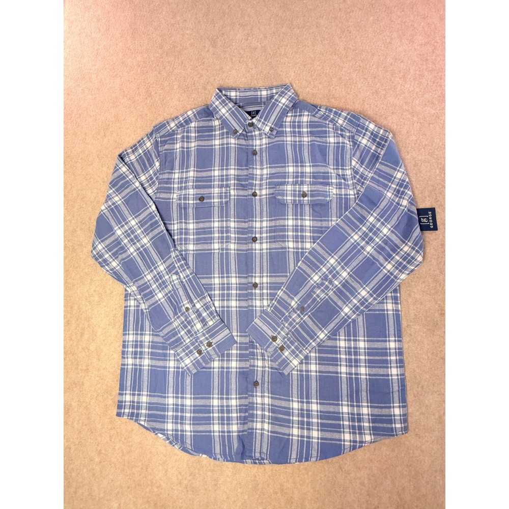 George Mens Flannel Shirt L Slate Blue White Plaid Grunge Cabincore Lumberjack